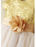 Short Sleeves Gold Sequin Ivory Tulle Knee Length Flower Girl Dress